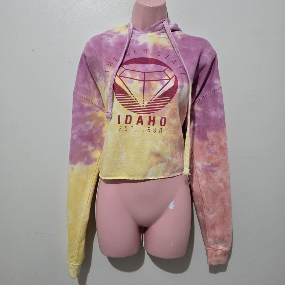 Brisco Brands - Size L - Sweater - Cropped Hoodie Tie Dye Idaho - Pink Yellow